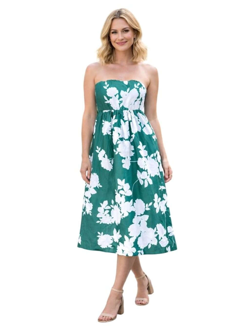 Cynthia Rowley Green & White Floral Strapless Midi Dress Elastic Smocked Back 14
